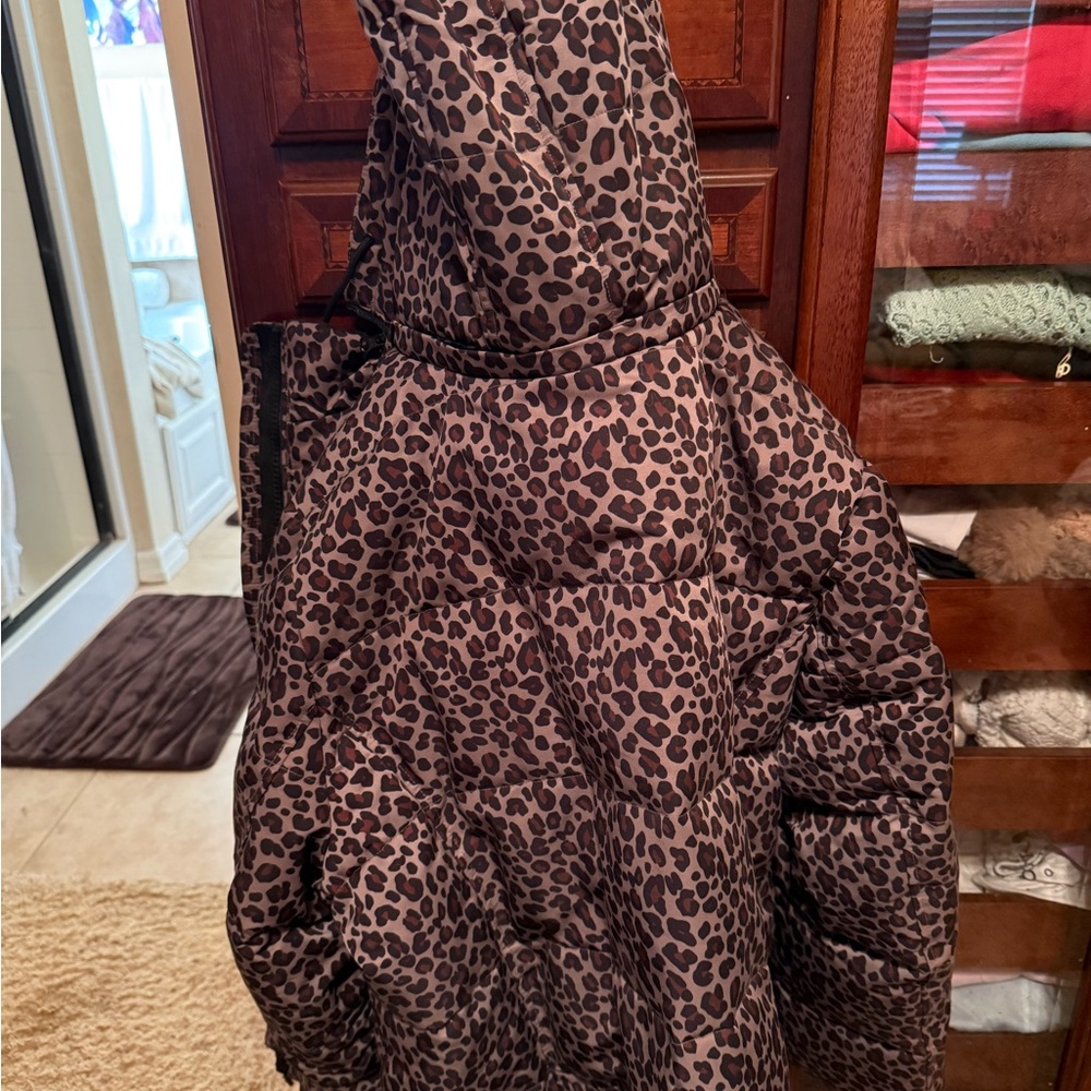 Brown and Black Puffer Jacket with Leopard Print and Hood
